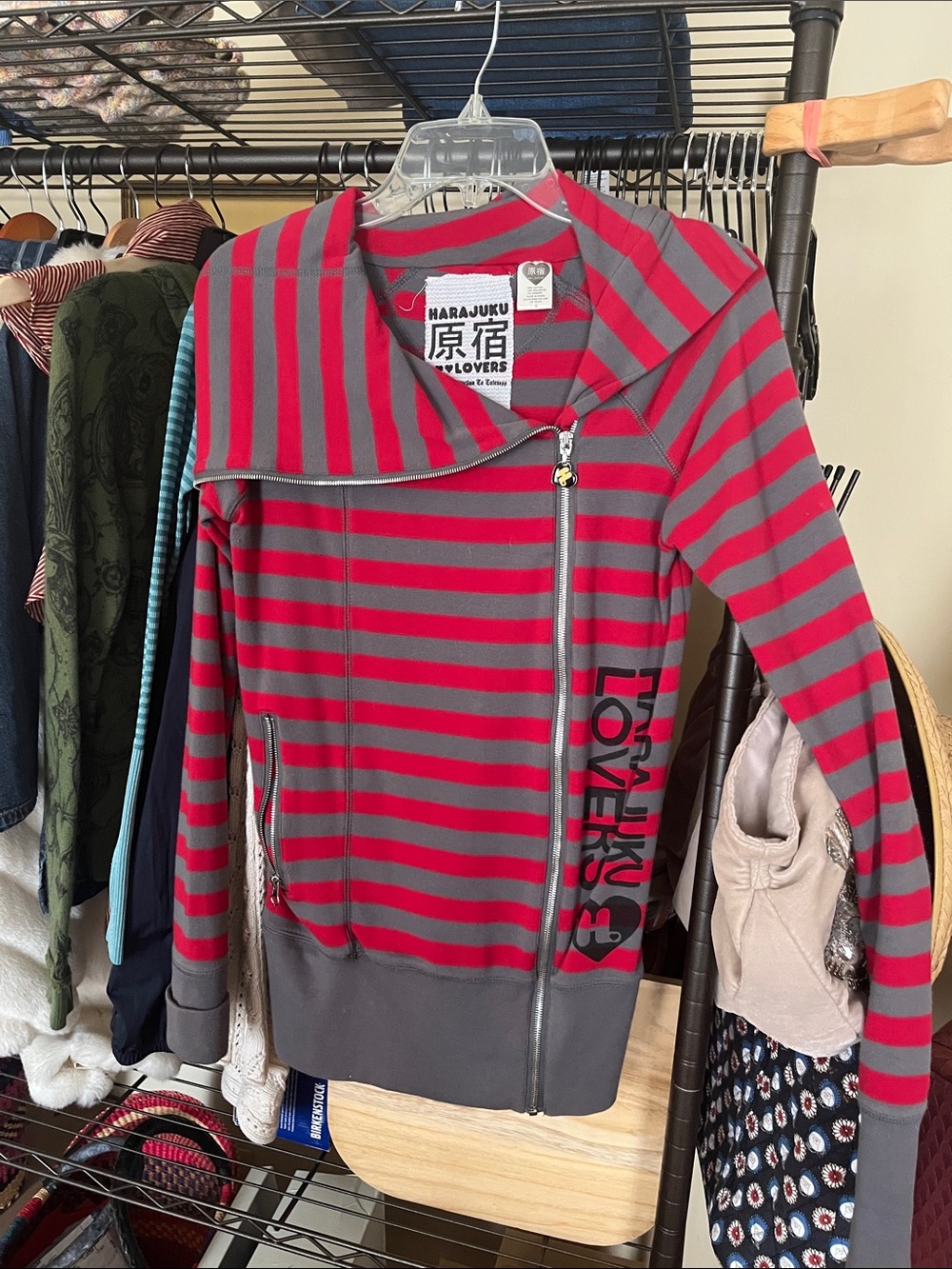Harajuku Lovers Red and Gray Striped Asymmetrical Zip Up Jacket size Medium